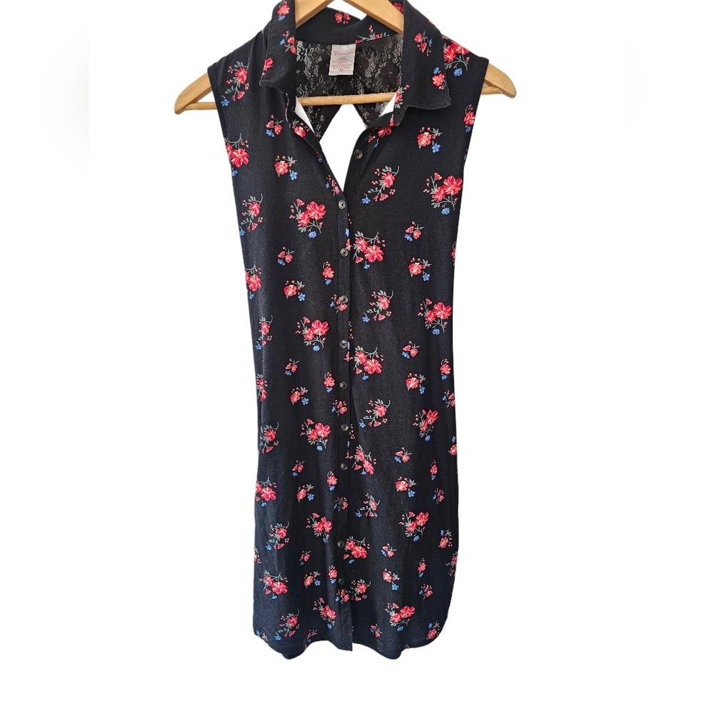 No Boundaries Black Floral Dress Button Front Lace Open Back & Belt Sz Lg 11-13